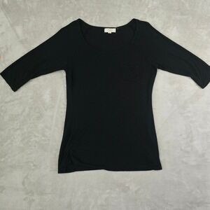 Black Ruched Side Pocket Tee Womens XL 3/4 Sleeve Raglan Top‎